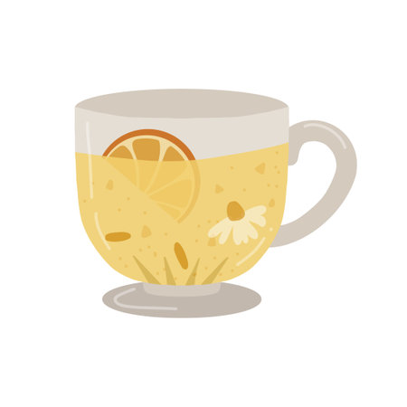 Glass cup of citrus tea with chamomile. Tea time, hot drinkのイラスト素材