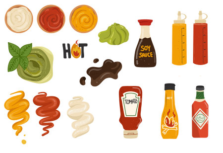 Bottles and bowls of sauces featuring a variety of options: basil pesto, soy sauce, wasabi,...