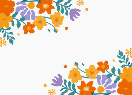 Floral frame with decorative flowers arranged in the corners, creating a border on a light background.のイラスト素材