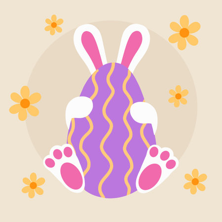 A bunny holding a decorated Easter egg with wavy patterns, surrounded by flowers on a pastel background. Suitable for greeting cards, invitations, prints, packaging, and holiday decorationsのイラスト素材