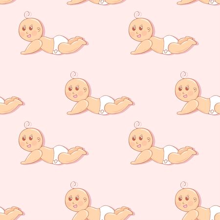 Seamless pattern with cute little babies on soft pink backgroundのイラスト素材