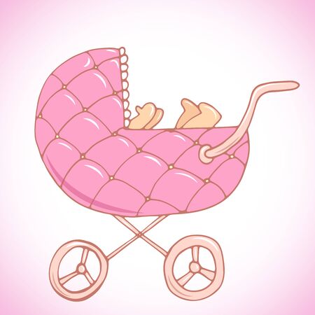 Beautiful pink baby carriage with baby inside illustrationのイラスト素材