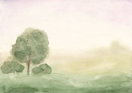 Morning landscape Watercolor painting Trees and field in the mistの写真素材