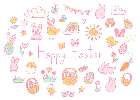 Colorful Easter set, bunny, chicken, egg hunt, doodle ideas, bunny ears, easter eggs, sun, basket, rainbows, flowers, cute line illustrations, decor elementsのイラスト素材