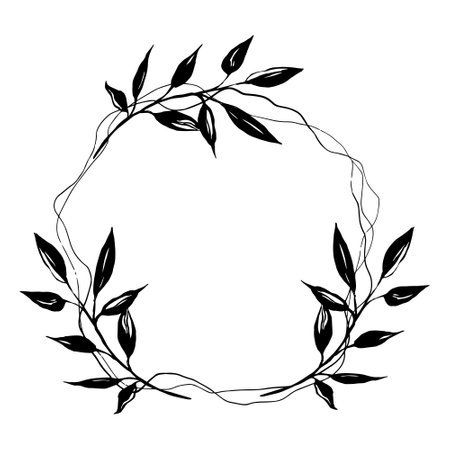Black floral invitation wreath, greenery branches, leaves circle frame, vector line artのイラスト素材