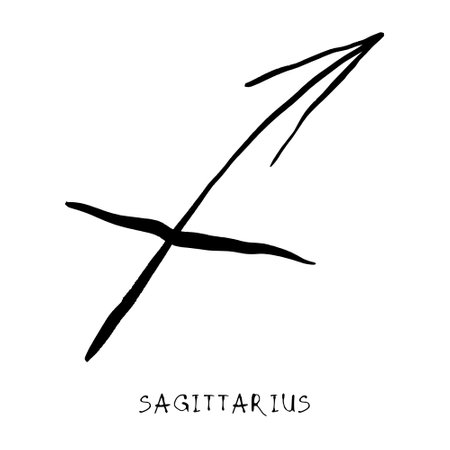 Sagittarius zodiac sign, horoscope, quirky hand darwn vector illustration, black line art, tattoo designのイラスト素材