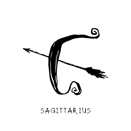 Sagittarius zodiac sign, quirky horoscope icon, hand drawn vector illustration, black line art, tattoo designのイラスト素材