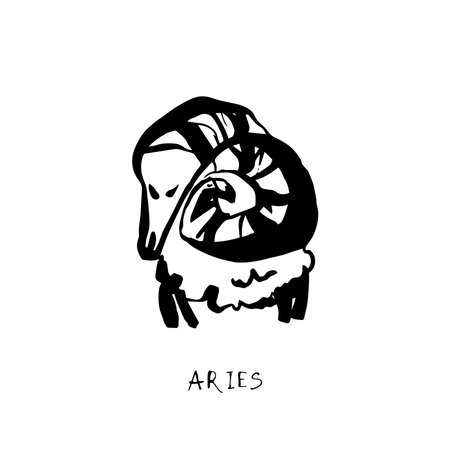 Aries zodiac sign, quirky horoscope icon, hand drawn vector illustration, black line art, tattoo designのイラスト素材