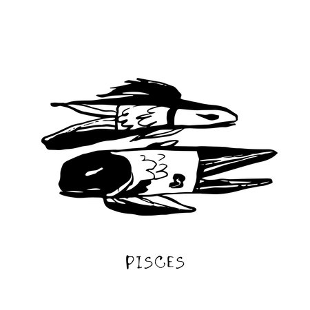 Pisces zodiac sign, quirky horoscope icon, hand drawn vector illustration, black line art, tattoo designのイラスト素材