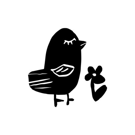 Cute bird with flower, hand drawn decor, naive, vector illustration in black and whiteのイラスト素材