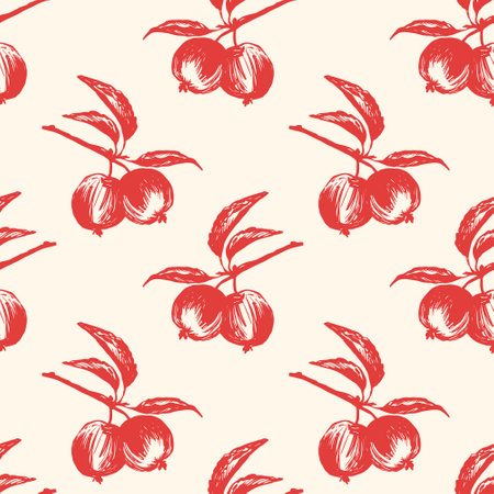 Red apples on a beige background seamless pattern, sketch drawing, vector backgroundのイラスト素材