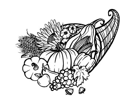 Thanksgiving cornucopia horn outline with vegetables and fruits, harvest and wealth symbol, vector illustration, sketch style drawingのイラスト素材