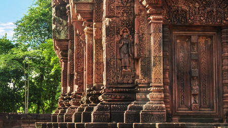 Ruins of ancient red temple in Banteay Srei, Angkor Wat, Cambodiaの写真素材