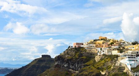 beautiful caldera view of Greek houses built on Cliff at Fira, the capital of Santoriniの写真素材