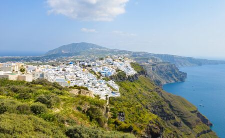 beautiful caldera view of Greek houses built on Cliff at Fira, the capital of Santoriniの写真素材