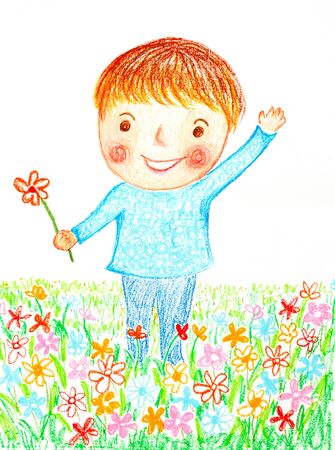 boy flowers 'oil pastel paintの写真素材