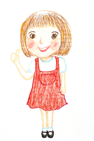 Thumbs up girl cartoon oil pastel paintedの写真素材