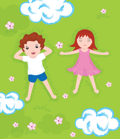 boy  girl relax on a green meadow illustrationのイラスト素材