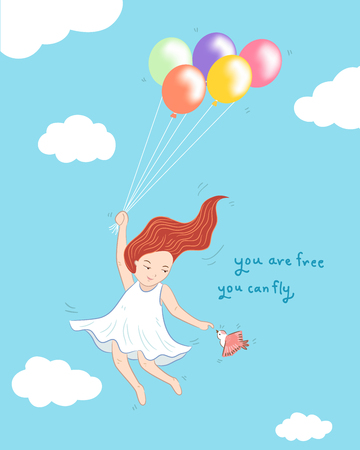 girl flying with ballons and bird concept illustrationのイラスト素材