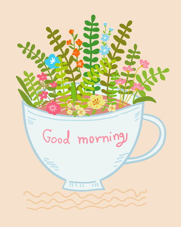 good morning. colorful flowers cup concept vector illustrationのイラスト素材