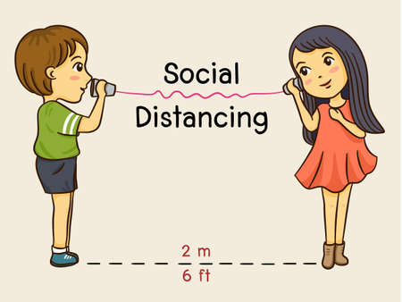 boy and girl talking with cup telephone, sound waves to rope, social distancing,vector,illustrationのイラスト素材