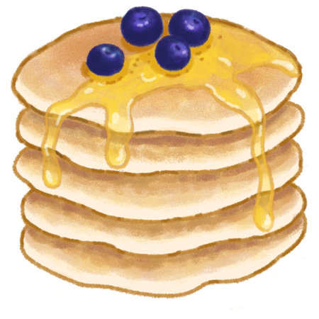 Pancakes with honey, jam and blueberries, Hand drawn pastel and chalk illustrationの写真素材