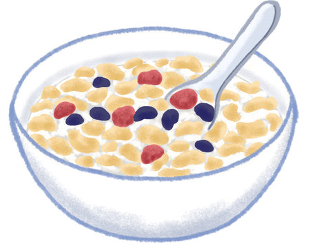 cereal with dry strawberries and dry blueberries in a white bowl , Hand drawn pastel and chalk illustrationの写真素材