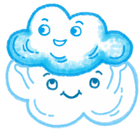 Smiling clouds on a bright day, cute cartoon character illustration isolated on white background. Hand drawn pastel, crayon, oil pastel and chalk paintの写真素材