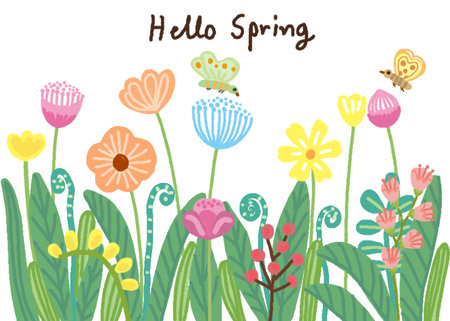 colorful flowers with buterfly on white background ' Hand drawn pastel,oil pastel and chalk illustrationの写真素材