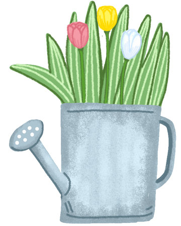 yellow white and pink tulips with leaves in a blue watering can on white background ' Hand drawn pastel, oil pastel and chalk illustrationの写真素材