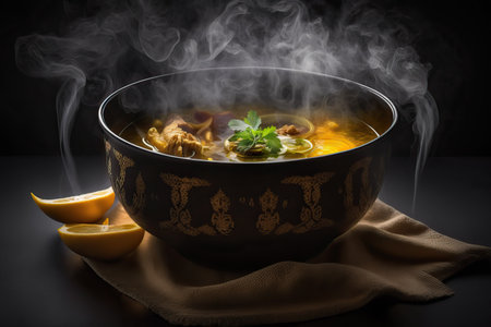 Chicken soup in a bowl on a black background with smoke and lemon (Ai generated)の素材