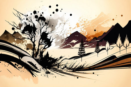 Abstract grunge background with mountains and trees. Vector illustration (Ai generated)の素材