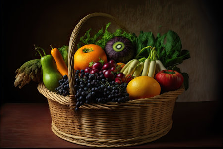 Fruits and vegetables in a wicker basket on a dark background (Ai generated)の素材