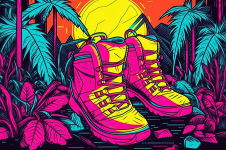Vector hand drawn illustration of sneakers in the background of palm trees. (Ai generated)の素材