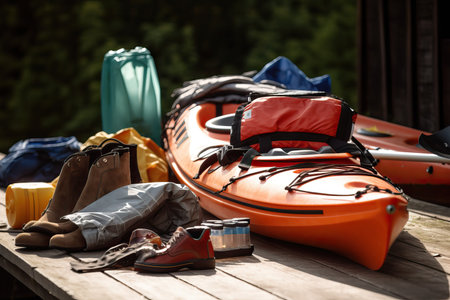 Rafting equipment on a wooden deck on a sunny summer day (Ai generated)の素材