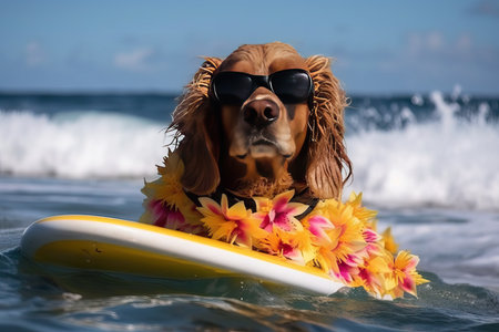 Cocker Spaniel in sunglasses with surfboard in the ocean.の素材