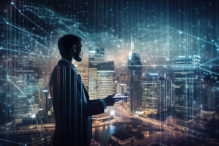 Back view of young businessman with tablet pc against night cityscape backgroundの素材