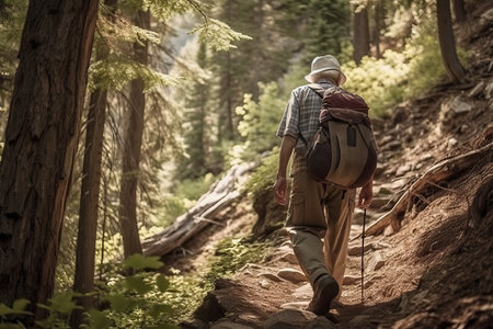 Senior woman hiking in the forest with backpack. Outdoor activity.の素材