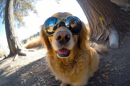 Golden Retriever dog with sunglasses in a park on a sunny dayの素材