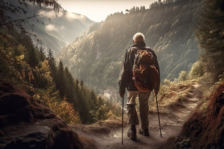 Senior man, Hiker with backpack and trekking poles in the autumn mountains.の素材