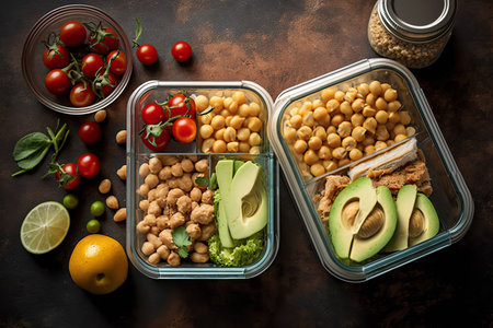 Healthy lunch box with chickpeas, avocado, tomatoes and lemon.の素材