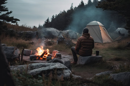 Man cooking and sitting in camp on the mountain.の素材