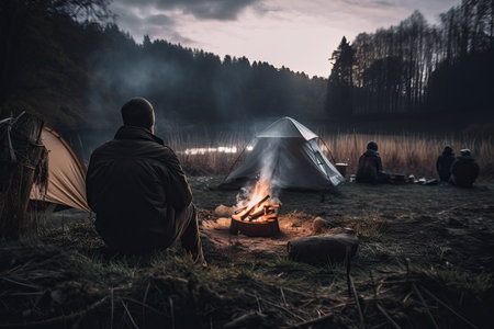 Man sitting near the campfire on the banks of the river.の素材