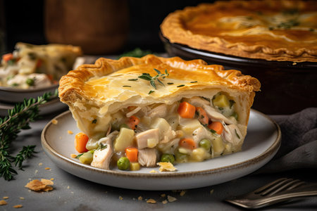 Chicken pot pie with peas, carrots and chicken on a plate.の素材