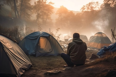 Young man sitting in front of his tent camping in the mountains.の素材
