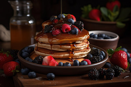 Stack of homemade pancakes with fresh berries and maple syrup on wooden backgroundの素材