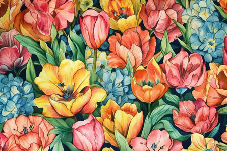 Tulip and hyacinths. Watercolor illustration vintage backgroundの素材