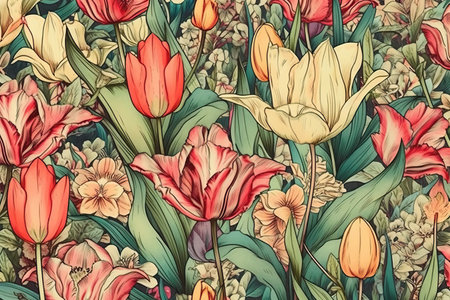 Tulip and flowers. Hand drawn illustration vintage background.の素材