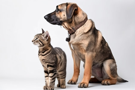 Cat and dog together isolated on a white background. Studio shot.の素材