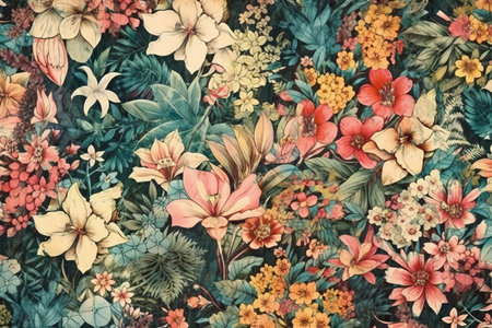Colorful flowers on fabric background. Vintage style toned picture.の素材